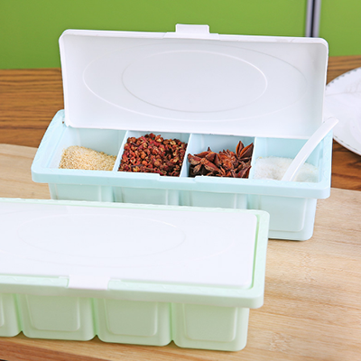 4格调料盒多功能塑料盐味精调料瓶厨房用分隔带勺子/DC区