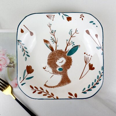 8寸家用陶瓷四方盘子卡通炒菜盘子深盘网红早餐盘子碟盘六A6-2-1