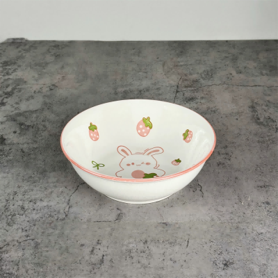 60/件（优级）7寸斗碗陶瓷碗家用餐具汤碗面碗-粉萌兔六B8-1-1