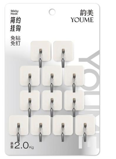 12个装YM-8003超值装简约方形粘钩160件20卡盒