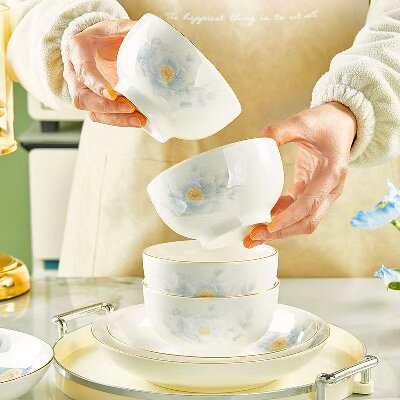 （一等）4.5寸小清新陶瓷碗家用印花米饭碗耐高温可蒸可微波—清风素雅100/件八2号ZBJ3-1-1