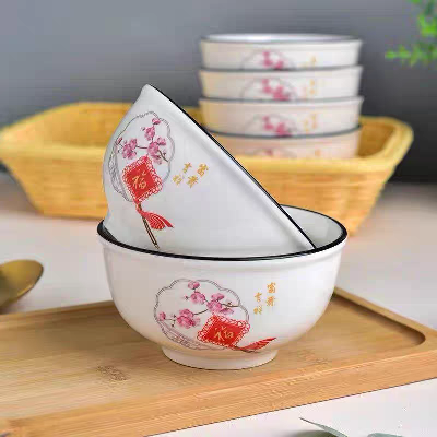 （一等）6寸面碗陶瓷家用大碗吃面条碗加厚防烫碗创意餐具—富贵吉祥60个/件八A4-2-1